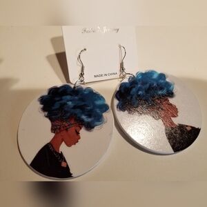 Blue Hair Afrocentric Wood Dangle Pierced Earrings